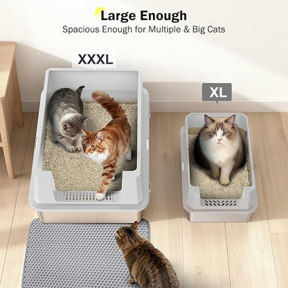 Stainless Steel Litter Box Extra Large for Big Cats Multi-Cats, Jumbo Extra Large Metal Cat Litter Box with High Sided Lid, Anti-Urine Leakage, Non-Stick,Include Litter Scoop