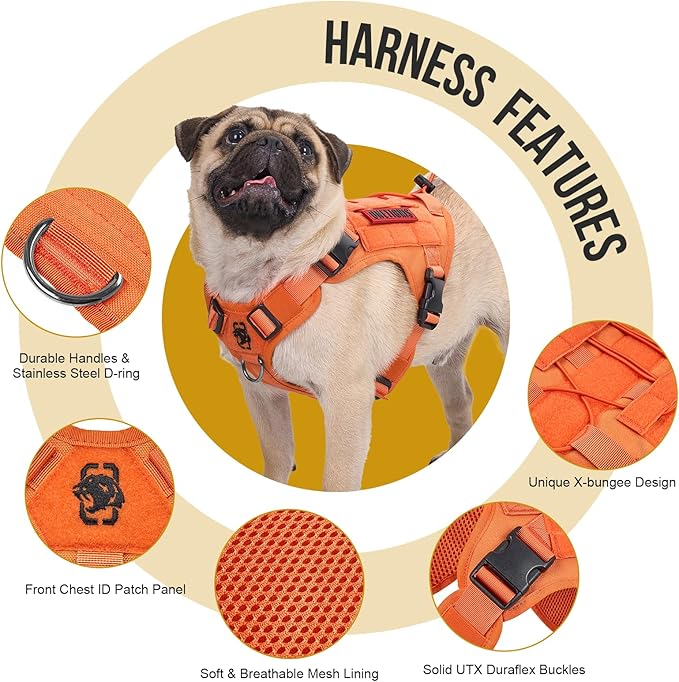 OneTigris Tactical Dog Harness Vest,No-Pull Service Dog Vest with Hook & Loop Panels,Adjustable Dog Vest Harness for Walking Hiking Training(Orange,XS)