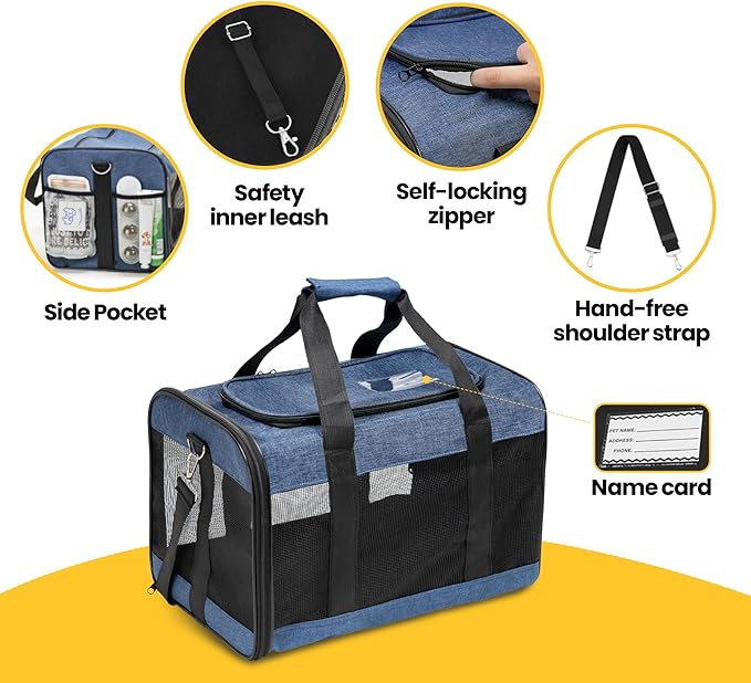 Dog Carrier Soft Sided, Large Cat Carrier with Inner Safety Leash, Pet Transport Carrier for Large Cats and Medium Dogs up to 20 Lbs, Collapsible Travel Puppy Carrier Bag -Blue L