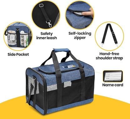Dog Carrier Soft Sided, Large Cat Carrier with Inner Safety Leash, Pet Transport Carrier for Large Cats and Medium Dogs up to 20 Lbs, Collapsible Travel Puppy Carrier Bag -Blue L