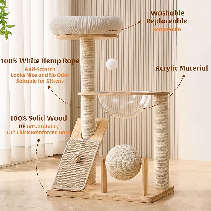 HITTITE Solid Wood Cat Tree Tower with Scratching Post, 37.8 Inches Tall Cat Towers with Scratching Board and Scratcher Ball, Modern Cat Tower With Space Capsule and Removable Top Bed for Indoor Cats.