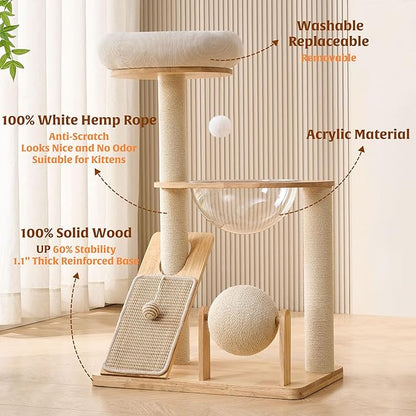 HITTITE Solid Wood Cat Tree Tower with Scratching Post, 37.8 Inches Tall Cat Towers with Scratching Board and Scratcher Ball, Modern Cat Tower With Space Capsule and Removable Top Bed for Indoor Cats.
