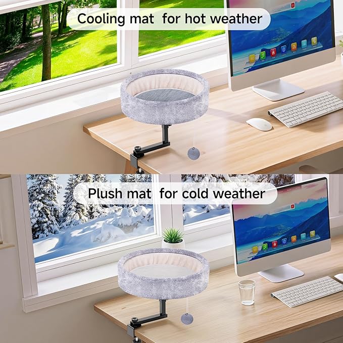 Cat Desk Bed - 360° Rotating & Adjustable, Supports 50 lbs, Soft Faux Fur with Dual-Sided Reversible Mat, Modern Indoor Cat Nest Furniture for Office Desks and Game Tables, Island Table