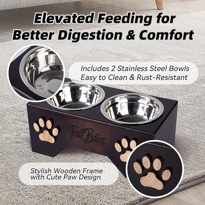 Raised Dog Bowls for Medium & Large Dogs – Wooden Elevated Dog Feeder Stand with 2 Stainless Steel Bowls + Chew Treat (14” x 7” x 6”)