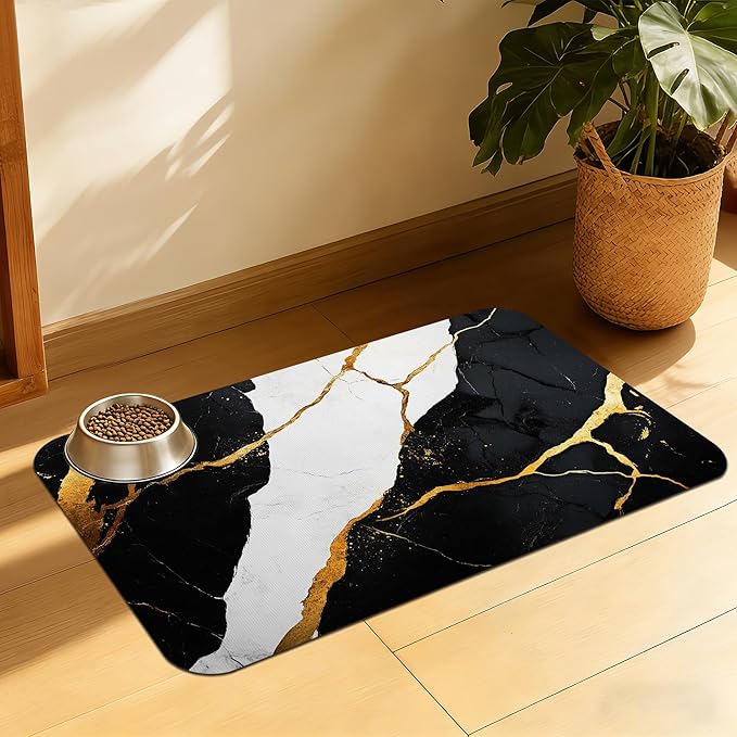 Black Gold Marble Dog and Cat Food Mat, Absorbent Feeding Placemat, Waterproof Non-Skid Rubber Backing, No Stains Pet Supplies – 16x24 Inch