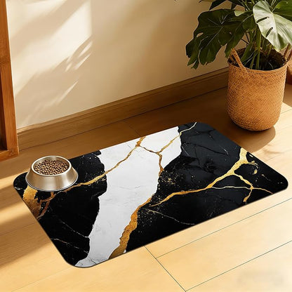 Black Gold Marble Dog and Cat Food Mat, Absorbent Feeding Placemat, Waterproof Non-Skid Rubber Backing, No Stains Pet Supplies – 16x24 Inch