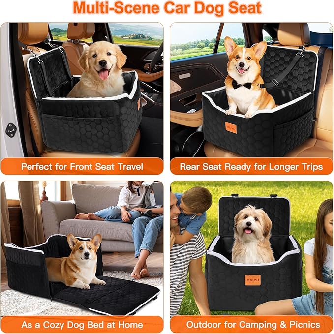 Dog Car Seat for Small Medium Dogs Under 35lbs - Dog Booster Car Seat with Adjustable Straps,Elevated Detachable Washable Pet Travel Cat Bed with Storage Pockets,2 Safety Belts (Black)