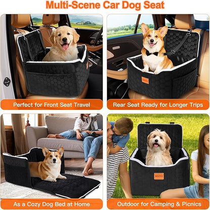 Dog Car Seat for Small Medium Dogs Under 35lbs - Dog Booster Car Seat with Adjustable Straps,Elevated Detachable Washable Pet Travel Cat Bed with Storage Pockets,2 Safety Belts (Black)
