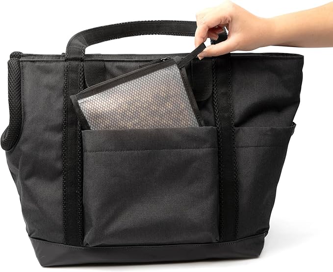CLEVERPUP Transit Tote Dog Carrier for Small/Medium Dogs 8-20 lbs, 19x12x9 Soft-Sided 4-Pc Set with Waterproof Base, Plush Insert, Food Pouch, Mesh Head Opening - Medium, Graphite