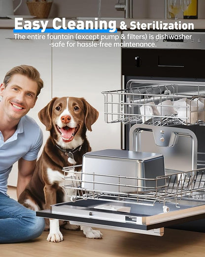 3Gal Large Dog Water Fountain Dispenser, 11L Stainless Steel Pet Fountain with 6 Filters, Ultra Quiet Automatic Dog Water Bowl Dispenser for Large & Multi-pet, Wide Drinking Area, Easy to Clean