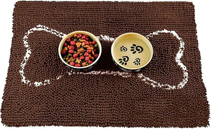 Soggy Doggy Slopmat Dog Food Mat – Absorbent Microfiber Chenille Pet Feeding Mat for Food & Water Bowls, Muddy Paws Small Doormat, Non-Slip, Machine Washable Rug – Chocolate/Oatmeal Bone, 18” x 24”