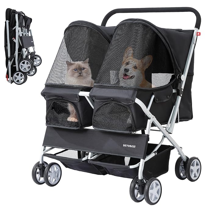 Double Pet Stroller for 2 Small Dogs & Cats, Side-by-Side Twin Travel Carriage with Safety Leashes, Mesh Windows & Double Storage Baskets, Lightweight & Foldable, 44lbs Capacity, Black