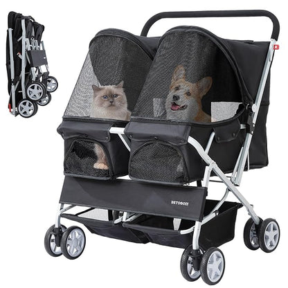 Double Pet Stroller for 2 Small Dogs & Cats, Side-by-Side Twin Travel Carriage with Safety Leashes, Mesh Windows & Double Storage Baskets, Lightweight & Foldable, 44lbs Capacity, Black