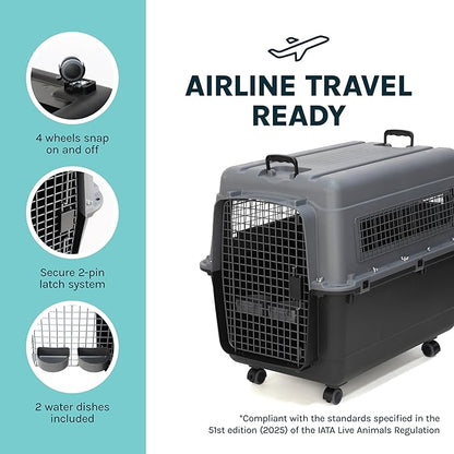 SportPet Airline Compliant X-LARGE 32.25" Travel Dog Kennel-Durable Plastic Airline Pet Carrier w/Removable Wheels & Food Bowls, Collapsible Indoor/Outdoor Dog Kennel, Dogs up to 32"L & 23"H-Dark Gray