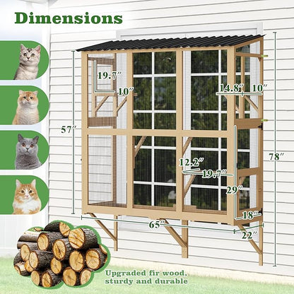 Catio Outdoor Cat Enclosure Window Perch, Expandable Cat Window Box for Multiple Indoor Cats w/4 Platforms & 4 Doors, Patio Kitten House for Sunbathing Overlooking Tunnel Connection (Burlywood)