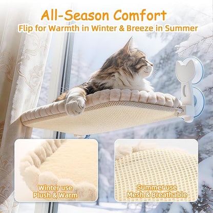 Cat Window Perch - Cordless Foldable Double-Sided Cat Hammock with Metal Frame, Machine Washable Bed for Large Cats & Kittens to Sunbathe Safely-Beige