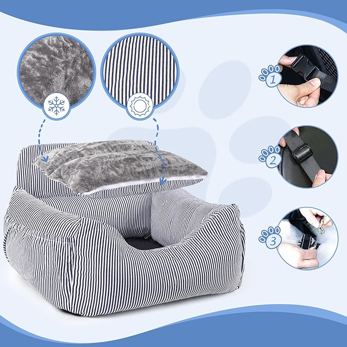 Dog Car Seat for Small Dogs, Pet Booster Seat with Clip-On Safety Leash and Storage Pockets, Washable Travel Dog Car Bed for Puppy (Blue White)