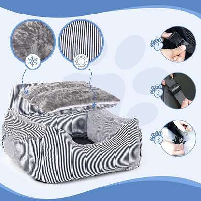 Dog Car Seat for Small Dogs, Pet Booster Seat with Clip-On Safety Leash and Storage Pockets, Washable Travel Dog Car Bed for Puppy (Blue White)