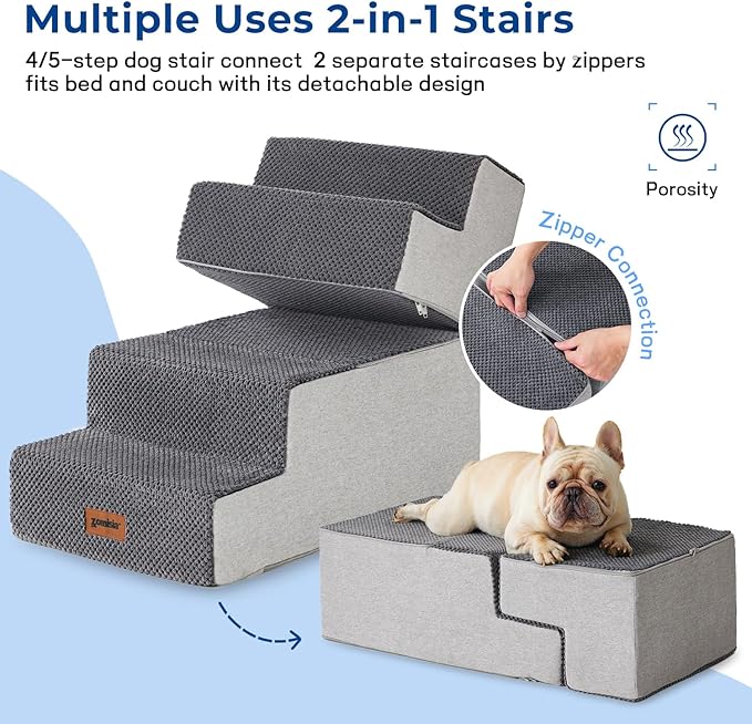 Dog Stairs for Small Dogs - Pet Stairs 2 in 1 with Zippers Suitable for Couch and Bed, 35D Foam Dog Steps with Non Slip Bottom Grey 4 Steps, Beige