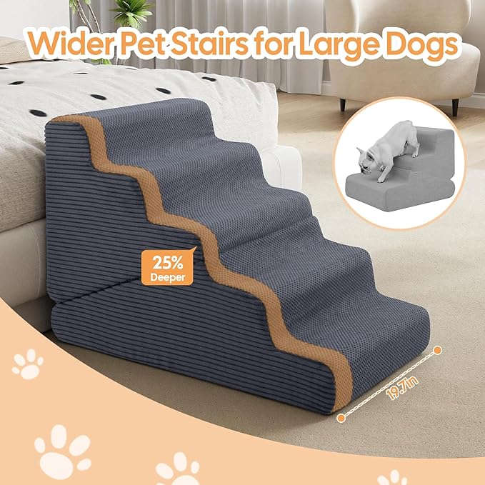 Dog Ramp for Bed, Extra Wide 20" Width Dog Stairs for High Bed, 2 in 1 Pet Steps for Small Dogs, 4-Step Foldable Transformable Large Cats Ramp to Get on Couch, Non-Slip Balanced, Grey