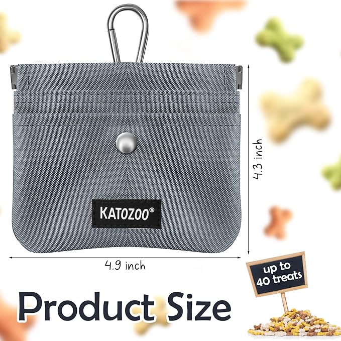 Dog Treat Pouch – Dog Training Pouch with Waterproof Oxford Fabric, Hands-Free Design, Carabiner Clip, Front Pocket, Self-Closing for Outdoor Walks & Puppy Training (Grey)