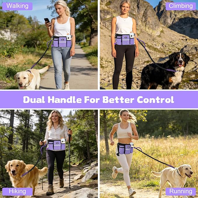ETACCU Heavy Duty Hands Free Dog Leash with Zipper Pouch Waist Belt for Large Medium Dogs for Running, Walking, Jogging and Hiking, Dual Padded Handles and Durable Bungee (1 Dog Purple)