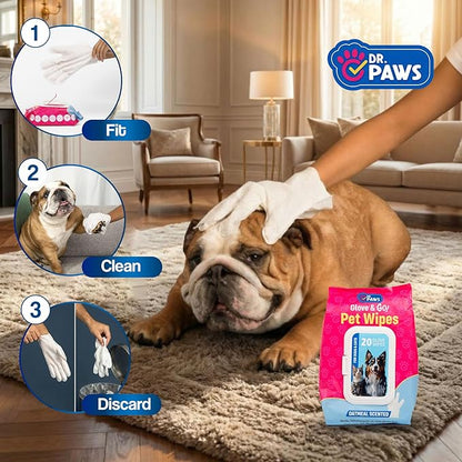 Glove & Go Grooming Wipes for Dogs & Cats - Paraben Free, Alcohol Free, Lick-Safe, Hypoallergenic, Oatmeal Scented Dog Wipes for Paws and Butt, Puppy Wipes (20 Count)