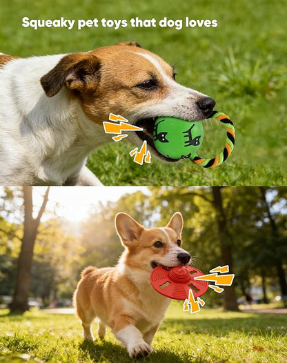 Deeow Alieen Dog Frisbee for Fetch and Green Jack-o-Lantern Pet Toys, Teething Clean Outdoor Flying Disc and Halloween Pumpkin Pet Toy, Interactive Squeaky Dogs Toy for Water, Park, Beach Fun