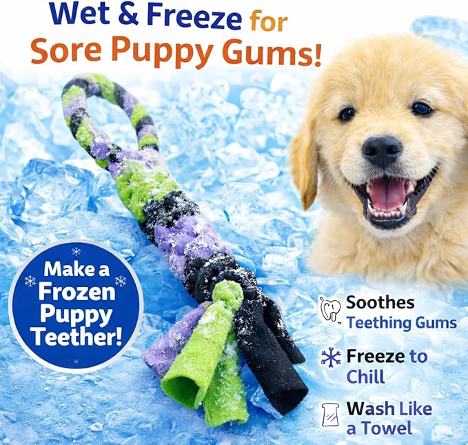 Chelsy's Toys Interactive Tug Toy for Dogs and Puppies, Mental Stimulation Toy, Slow-Play, Brain Exercise for Puppies & Seniors, Freeze forTeething Relief, Blue, Orange, Purple (Lavender)