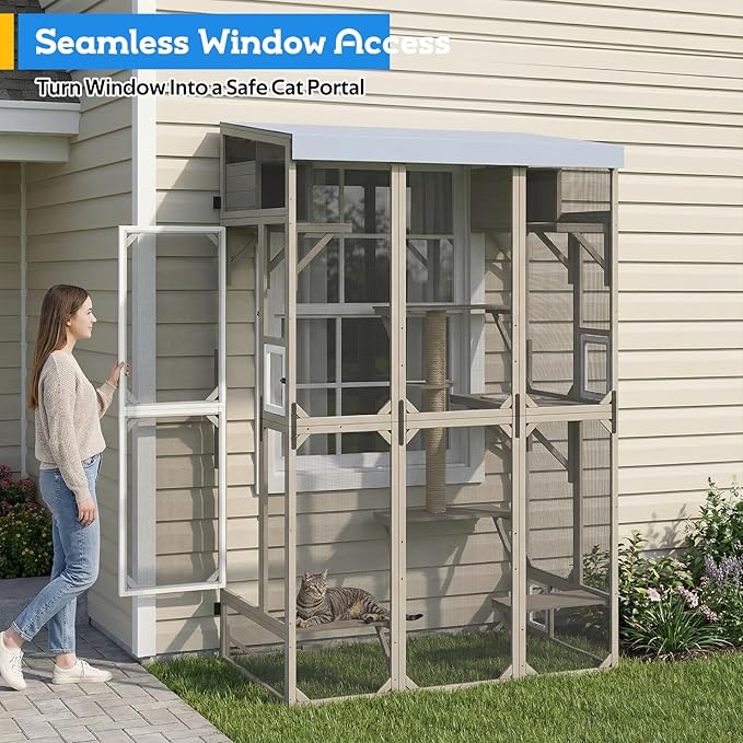 Window Catio Outdoor Cat Enclosure for Indoor Cats, 99.5" Tall Outdoor Cat Patio Cat House with Ultra-Fine Mesh, Large Expandable Perch for Window, 8 Jump Platforms, Scratching Post, Keep Bugs Out
