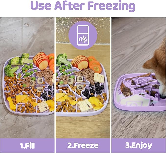 Puzzle Feeder Snuffle Mat and Lick Mat for Dogs,Texas Textured Slow Feeder, 0.75 Inch Thin Silicone Mat Holds 3 Cups, Dishwasher and Microwave Safe, Purple