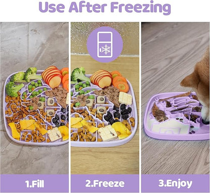 Puzzle Feeder Snuffle Mat and Lick Mat for Dogs,Texas Textured Slow Feeder, 0.75 Inch Thin Silicone Mat Holds 3 Cups, Dishwasher and Microwave Safe, Purple