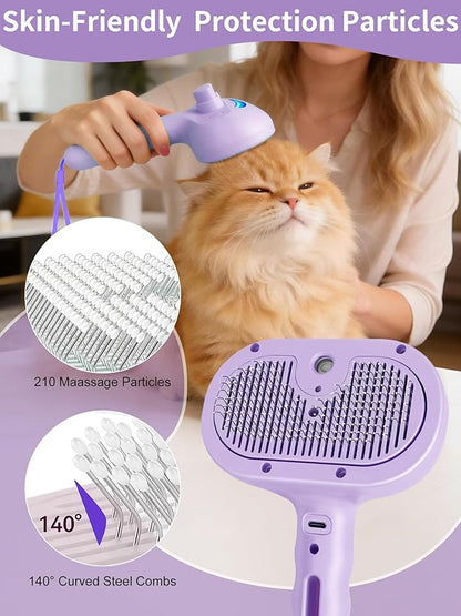 Dog Cat Steam Brush With UV Light, 3 in 1 Release Button Self-Cleaning Grooming Brush for Pets Cats Dogs, Hair Massaging Shedding for Small Animals Long Short Haired - Purple