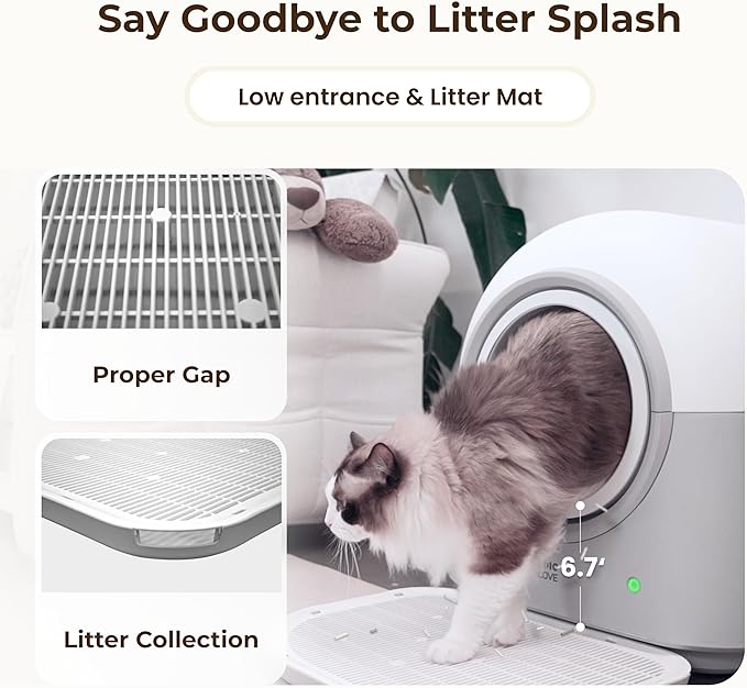 HHOLOVE Self Cleaning Cat Litter Box TY Pro, 60L Extra Large Open Automatic Litter Box App Control, Anti-Pinch for Multi Cats 3-20lbs, Advanced Odor Control with Mat&Liner(Grey)