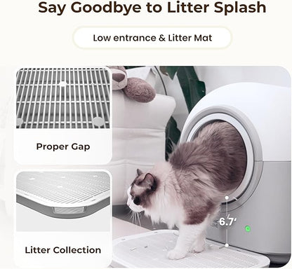 HHOLOVE Self Cleaning Cat Litter Box TY Pro, 60L Extra Large Open Automatic Litter Box App Control, Anti-Pinch for Multi Cats 3-20lbs, Advanced Odor Control with Mat&Liner(Grey)