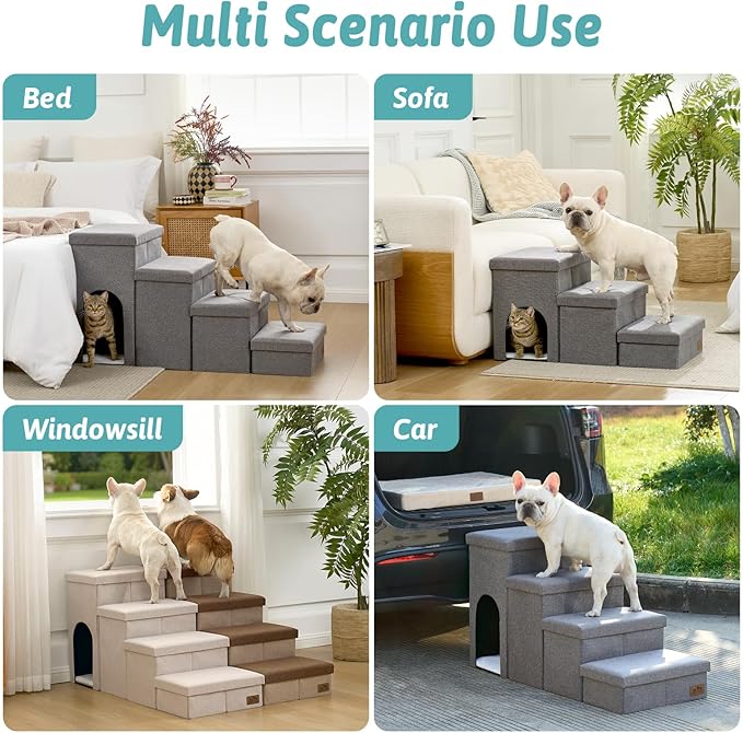Dog Stairs with Storage, 4-Step Wider Sturdy Dog Steps for Small/Medium/Large Dogs and Older Cats, Doggie Ramp with Condo for Bed/Couch/Car Hold Up to 180 lbs (22.6" H, Grey)