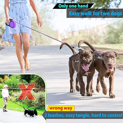 Double Retractable Dog Leash for Two Dogs Up to 50 lbs - 16 ft Coupler Leashes for Small Medium Dogs - One Locked System, Non Slip Grip, Tangle Free (Purple)