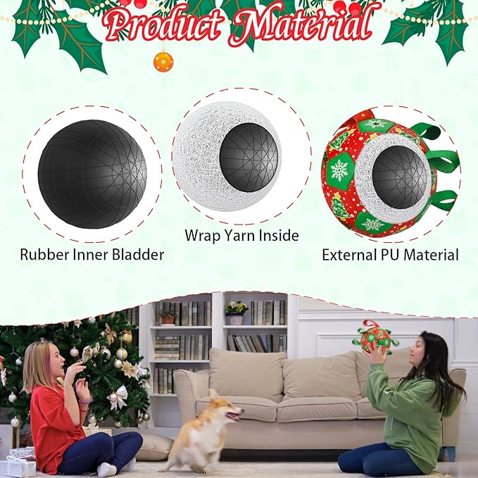 Dog Soccer Toy with Straps - Interactive Ball for Tug of War, Medium Large Dogs - Christmas Xmas Tree Snowflower Pattern