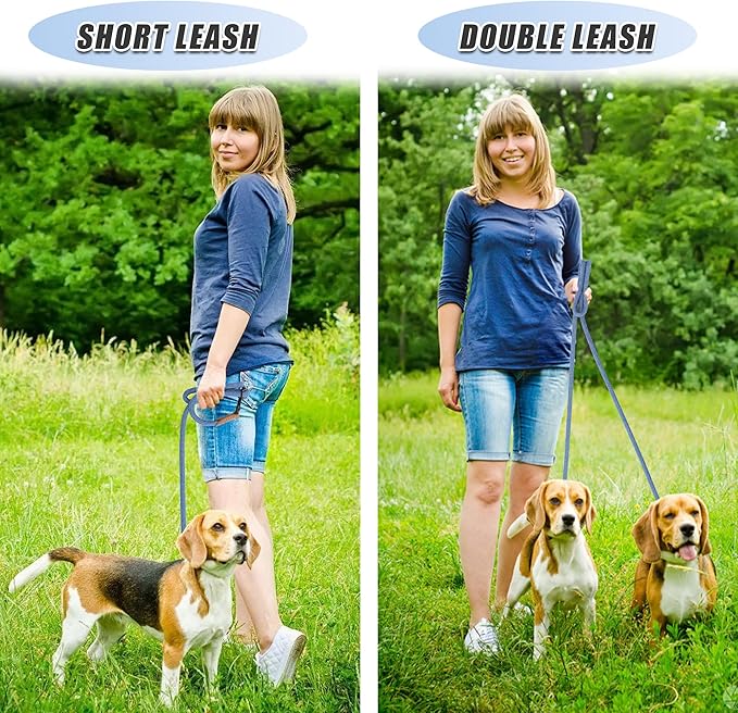 Mile High Life Hands Free Dog Leash, Crossbody Waist Leash with Genuine Leather Connection, Multifunctional Adjustable Slip Lead for Dog Walking Running (Blue White, 8FT)