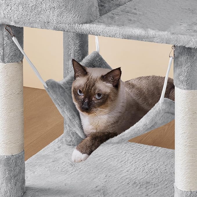 Yaheetech 64.5in Extra Large Multi-Level Cat Tree Kittens Play House Condo with Platform, Perch Hammock & Scratching Posts, Light Gray
