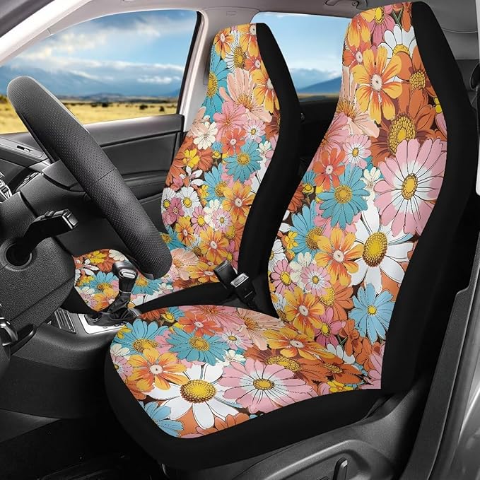 Groovy Hippie Flower Daisy Car Seat Covers Full Set of 2, Cloth Seat for Auto Front Seats, Black Seat Covers Cars Washable Breathable Car Accessories for Sedan Truck SUV