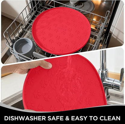 Comtim Waterproof Dog Food Mat - 2 Pack Silicone Pet Food Mat Dog Food Bowl Mats Cat Water Mats Eating Tray, Non-Slip Pet Placemat with Lip for Messy Drinkers to Protect Floor, Red 11"×11"