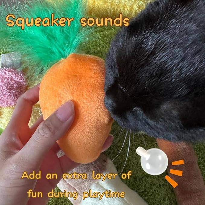 4 Pack Cat Carrot Feather Toy, Catnip Refillable Toys, Cat Kicker Toy with Treat Pockets and 6 Catnip Pouches