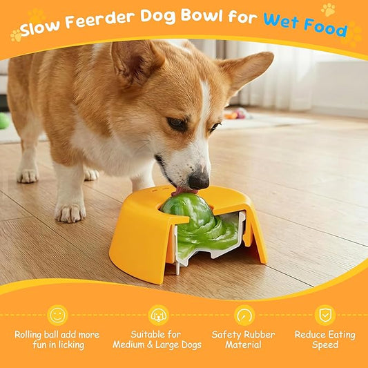 Dog Licking Toy, Slow Feeder Dog Bowls for Medium Large Breeds, Anti-Slip Dog Lick Bowl for 3/4 Cup Yogurt, Bone Broth, and Other Liquid Treat, Licking Bowl for Dietary Supplement (Yellow)
