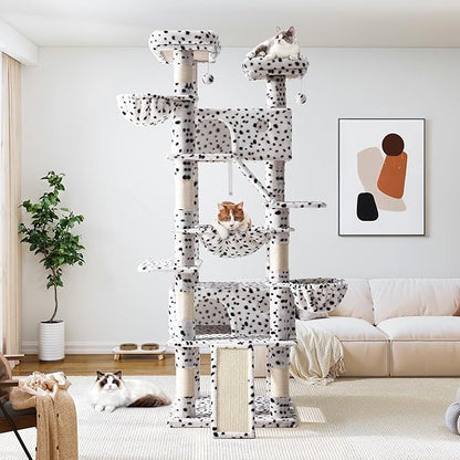 Allewie 81 Inches Tall Cat Tree/Multi-Level Large Climbing Tree House and Towers for Big Feline/Condo and Hammock/Scratching Post/Wide Base/White & Black Spot