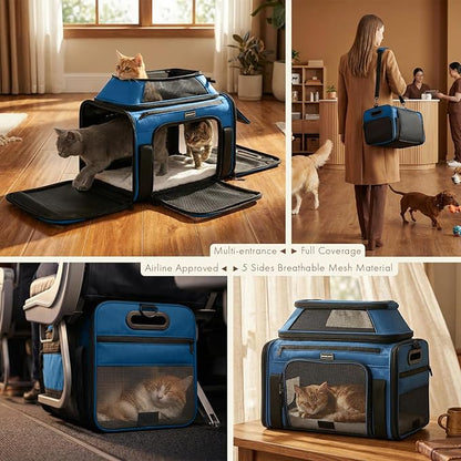 Top-Expandable Pet Carrier with Treat & Pet Window,17x11x9.5 Inch Alaska Hawaiian Airline Approved,Soft-Sided Dog Carrier for Small Dogs and Cats,Travel Cat Carrier with Locking Safety Zippers,Blue