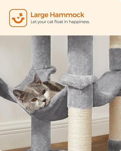 Feandrea Cat Tree, 55.1-Inch Cat Tower, Plush Multi-Level Condo with 4 Scratching Posts, 2 Perches, Hammock, Cave, Light Gray UPCT161W01