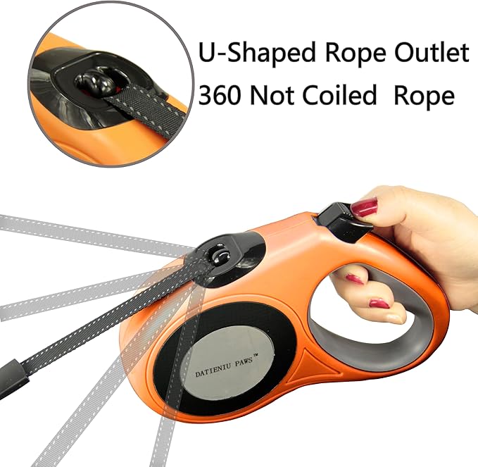 Retractable Dog Leash Strong Nylon Tape 16Ft Reflective Stitch for Night Walking One-Handed Brake Anti-Slip Handle XL Orange