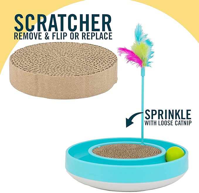 OurPets Wobble Scratch Track Cat Toy - Interactive Cat Toys for Indoor Cats with Ball Track That Rolls; Feather Wand and Scratcher Pad. Great as a Kitten Toy for Self Play to Keep Them Busy