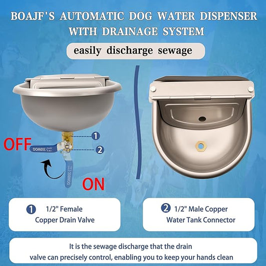 Automatic Dog Water Dispenser with Drain Hole & Drain Valve, Stainless Steel Auto Dog Water Bowl with 2 Float Valves, Hose Quick Connect Fitting, for Livestock, Chicken, Horse (3 Gallons)